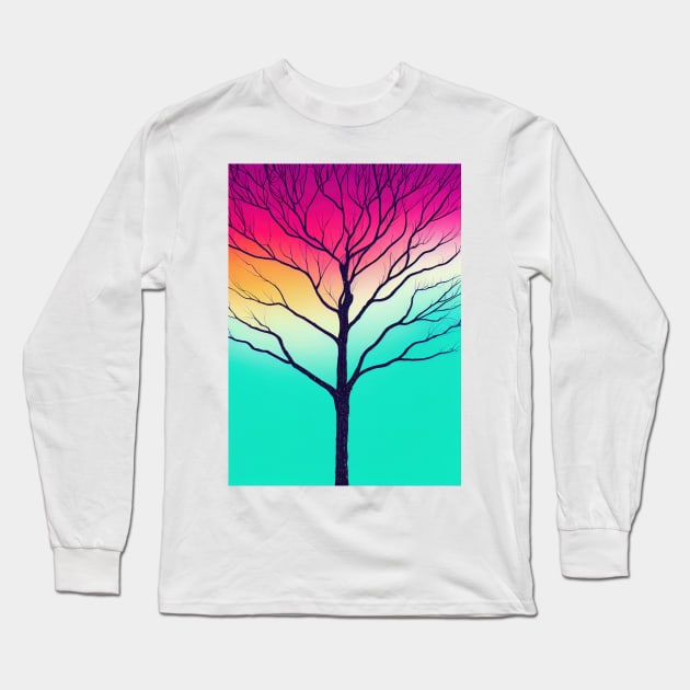 Vibrant Colored Whimsical Minimalist Lonely Tree at Dawn - Abstract Minimalist Bright Colorful Nature Poster Art of a Leafless Branches Long Sleeve T-Shirt by JensenArtCo